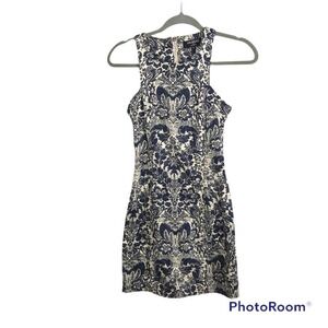 Maurice & Eve for Scoop blue and cream all over damask floral print dress XS